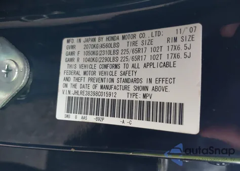 2008 Honda Cr-V Lx из США, поврежденный, VIN JHLRE38398C015912